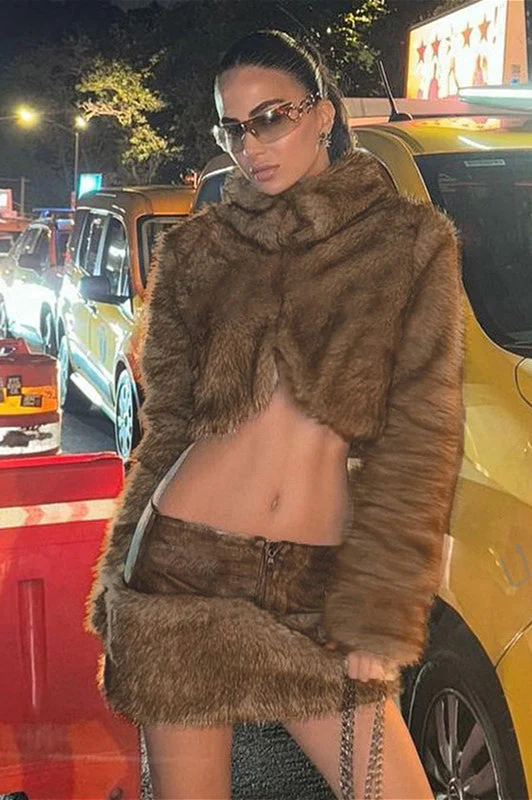 Furry Retro Crop Top Skirt Fox Fur Two Piece Set - Image 4
