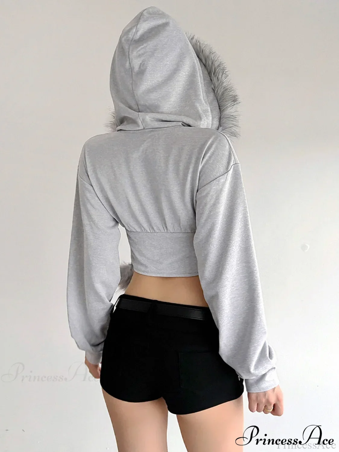 Fuzzy Collar Long Sleeve Cropped Waist-Tied Hoodie - Image 2