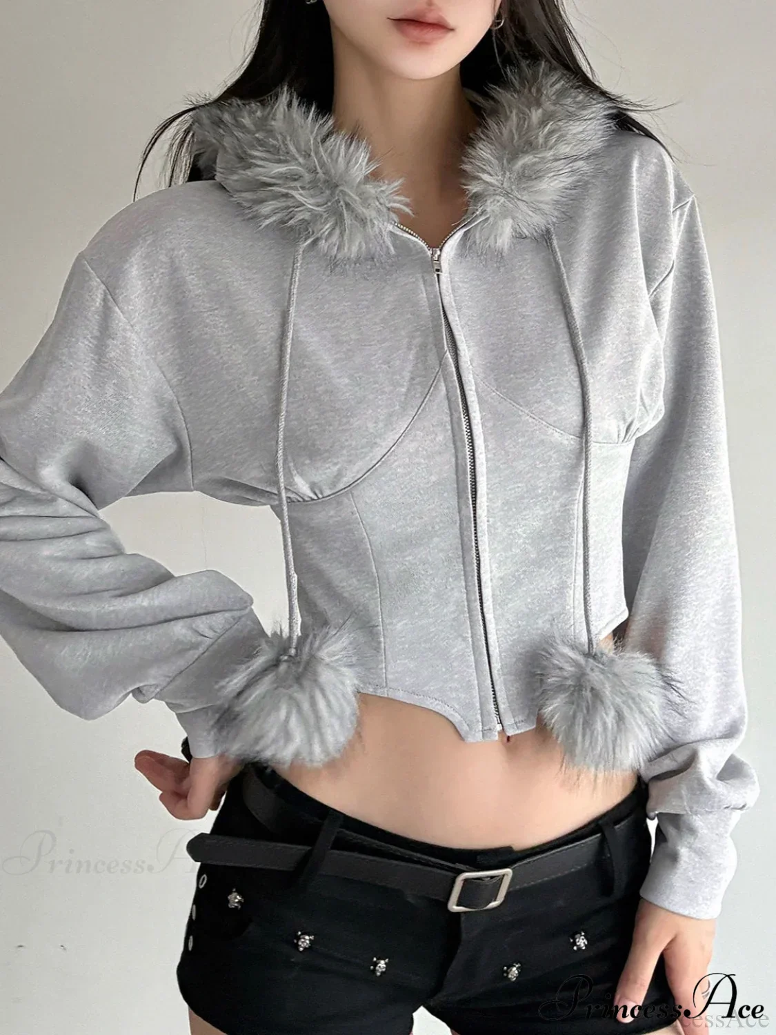 Fuzzy Collar Long Sleeve Cropped Waist-Tied Hoodie - Image 3