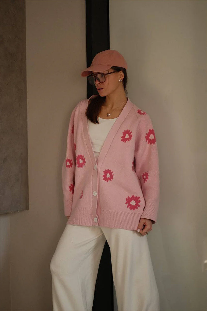 Fuzzy Daisy Jacquard Loose V-Neck Cardigan - Image 2