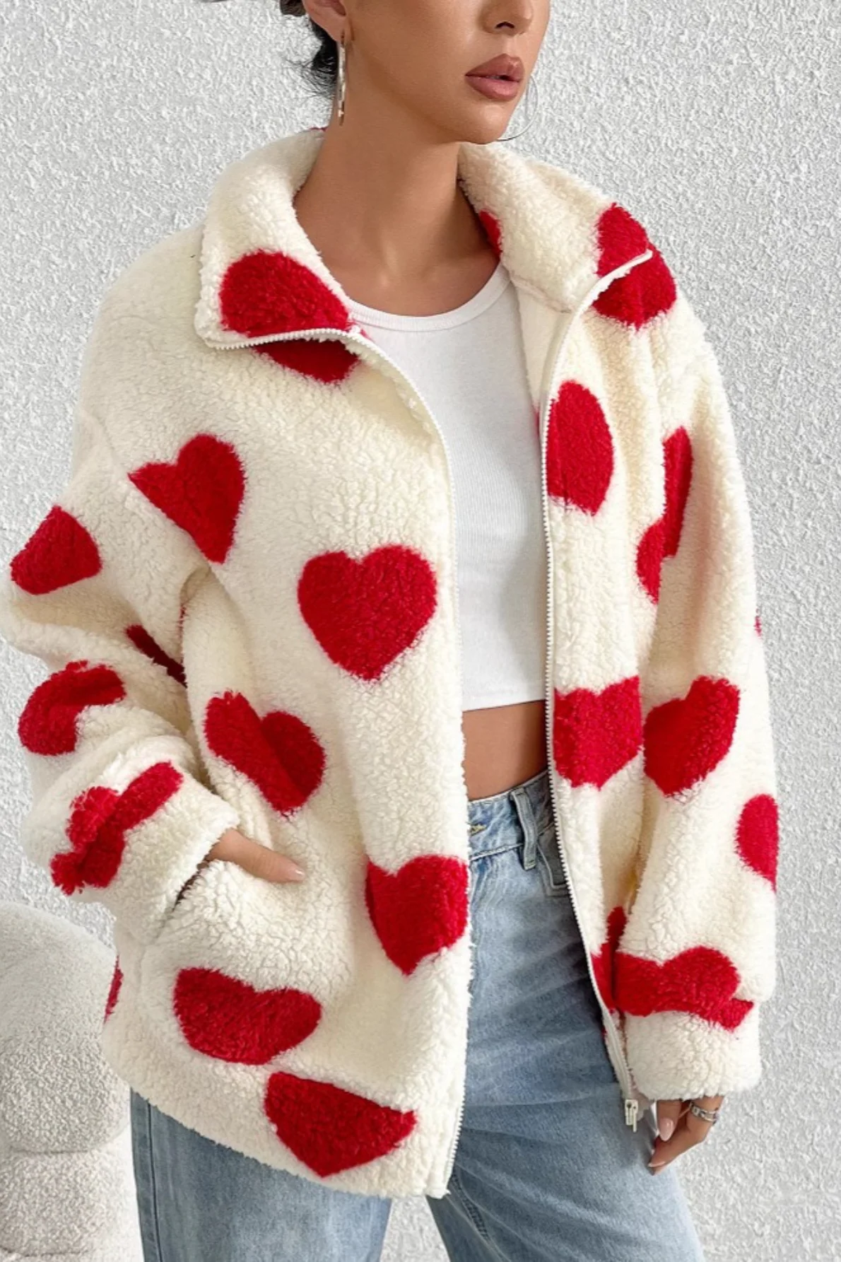Fuzzy Heart Print Oversized Long Sleeve Zip Coat - Image 3