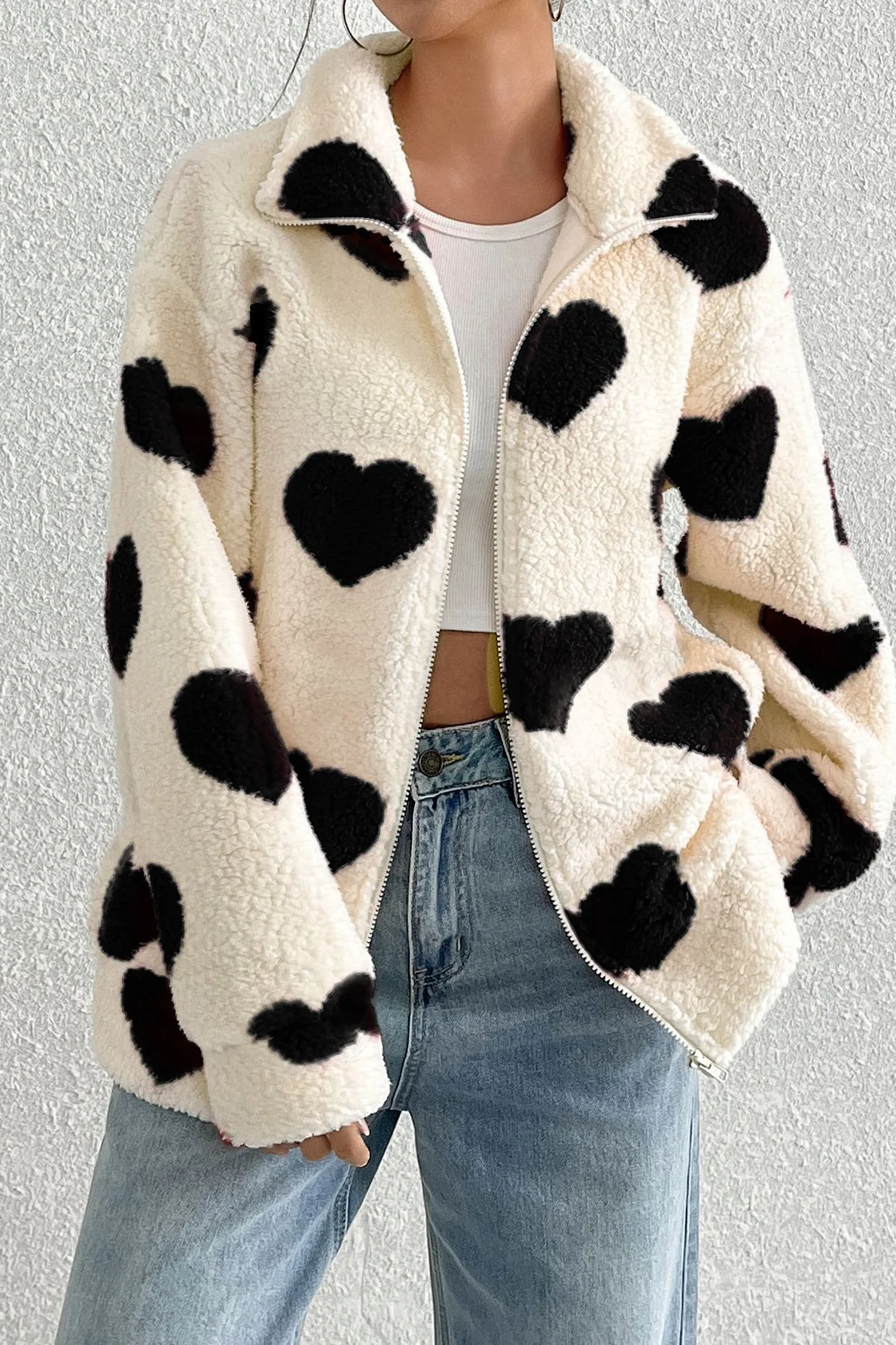 Fuzzy Heart Print Oversized Long Sleeve Zip Coat - Image 4