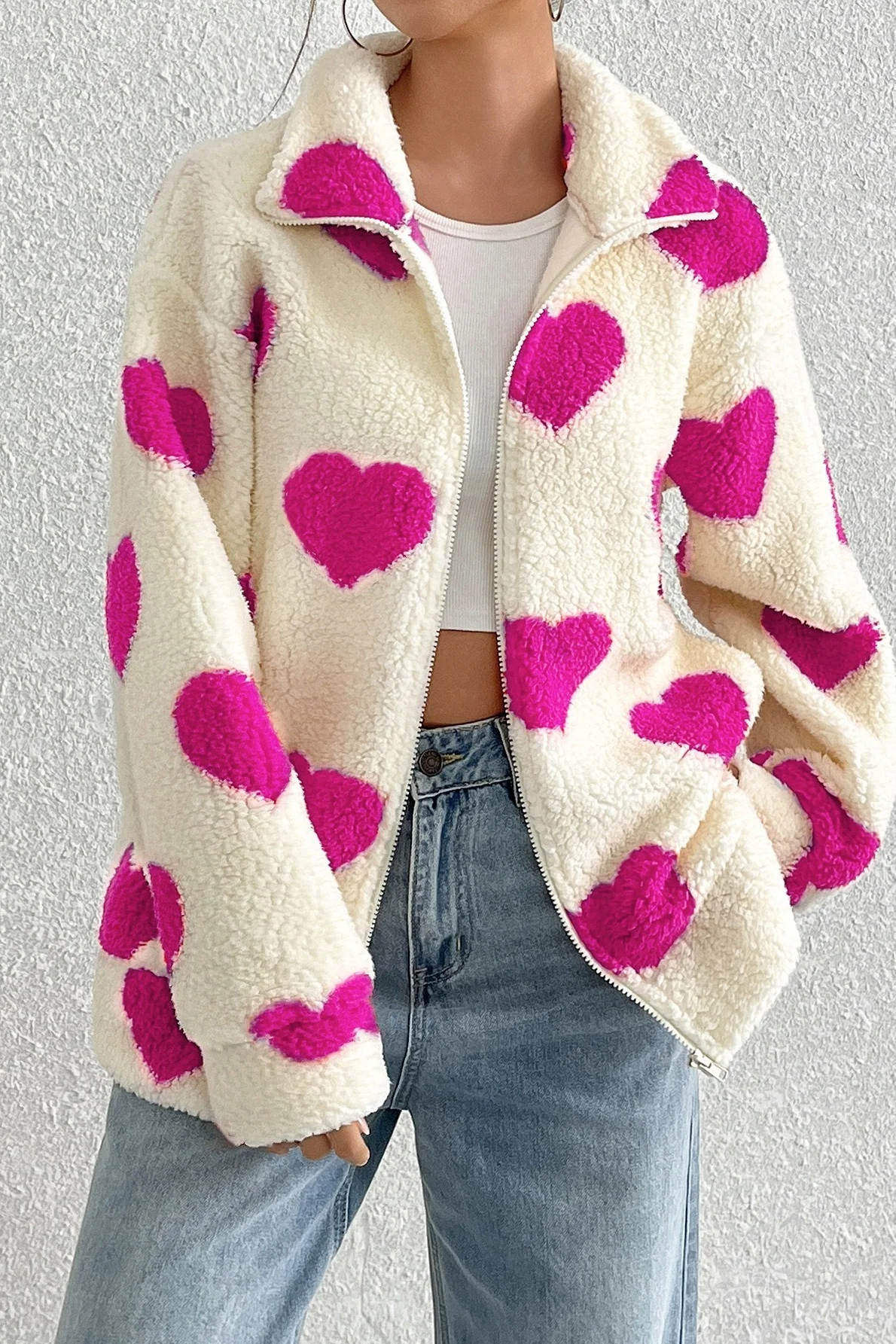 Fuzzy Heart Print Oversized Long Sleeve Zip Coat - Image 5