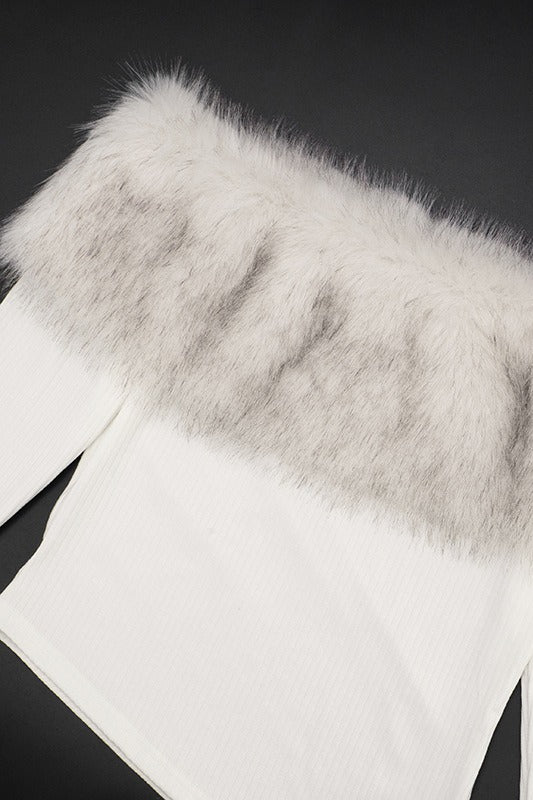 Fuzzy Long Sleeve Off Shoulder Asymmetric Long Sleeve Tee - Image 5