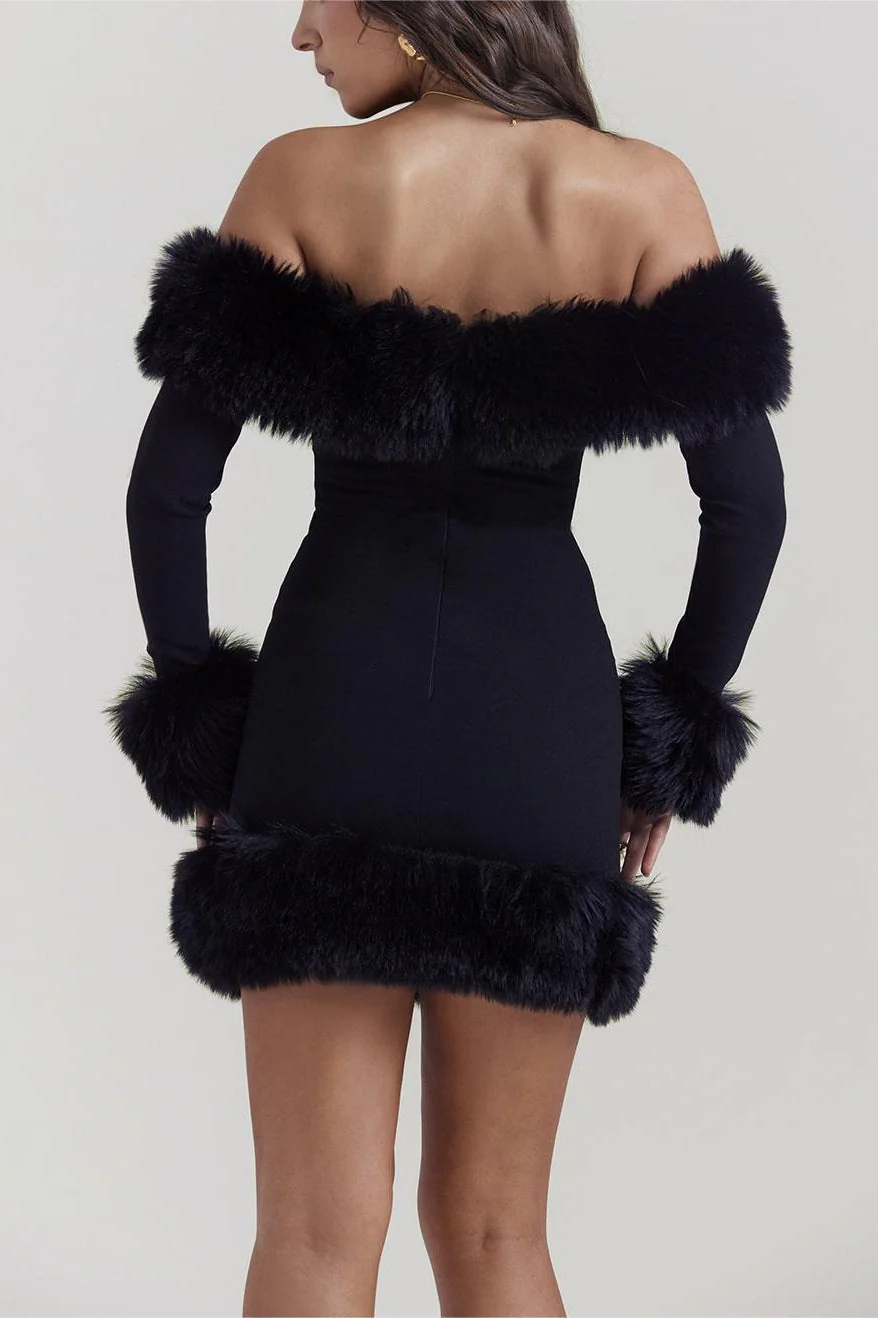 Fuzzy Panel Solid Off-the-shoulder Waist-cinched Bodycon Mini Dress - Image 4