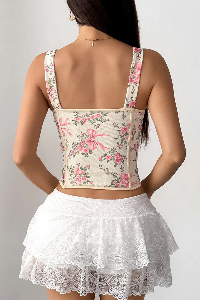 Garden Floral Print Bone Tie Bow Cami Top - Image 10
