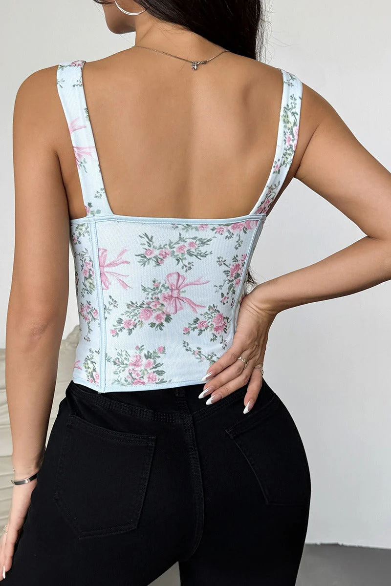 Garden Floral Print Bone Tie Bow Cami Top - Image 16