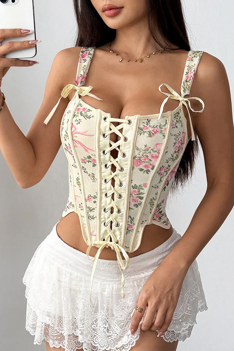 Garden Floral Print Bone Tie Bow Cami Top - Image 8