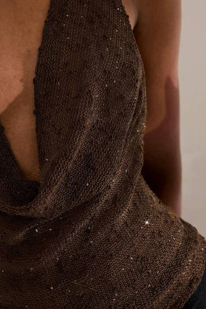Glitter Solid Sheer Draped Halter Top - Image 3