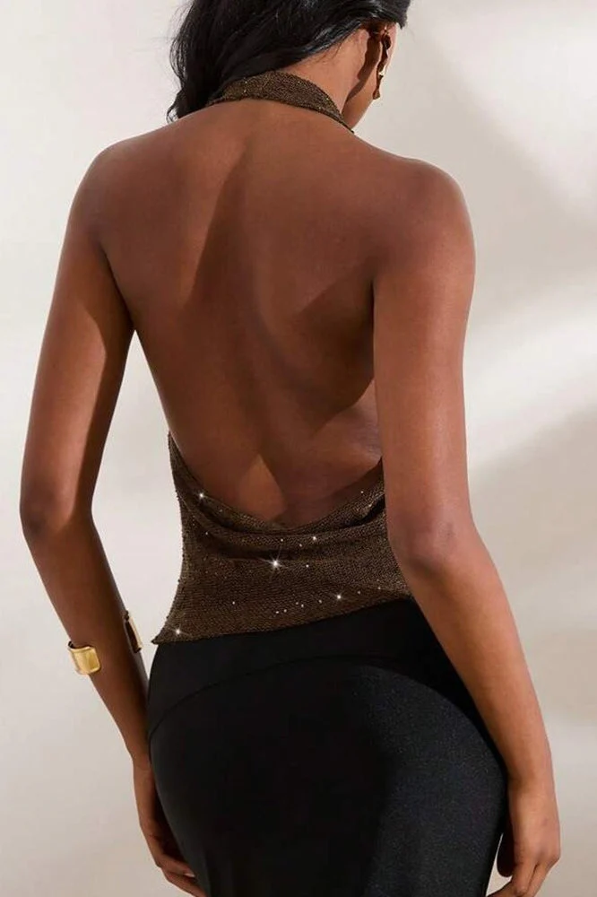 Glitter Solid Sheer Draped Halter Top - Image 4