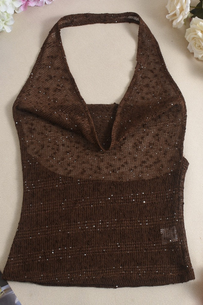 Glitter Solid Sheer Draped Halter Top - Image 5