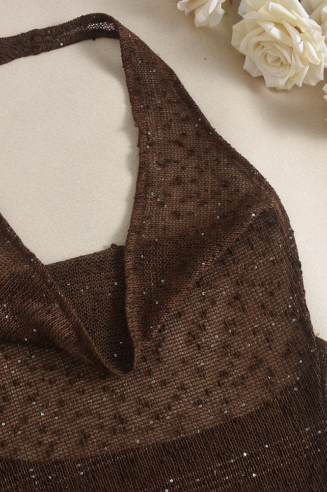 Glitter Solid Sheer Draped Halter Top - Image 6