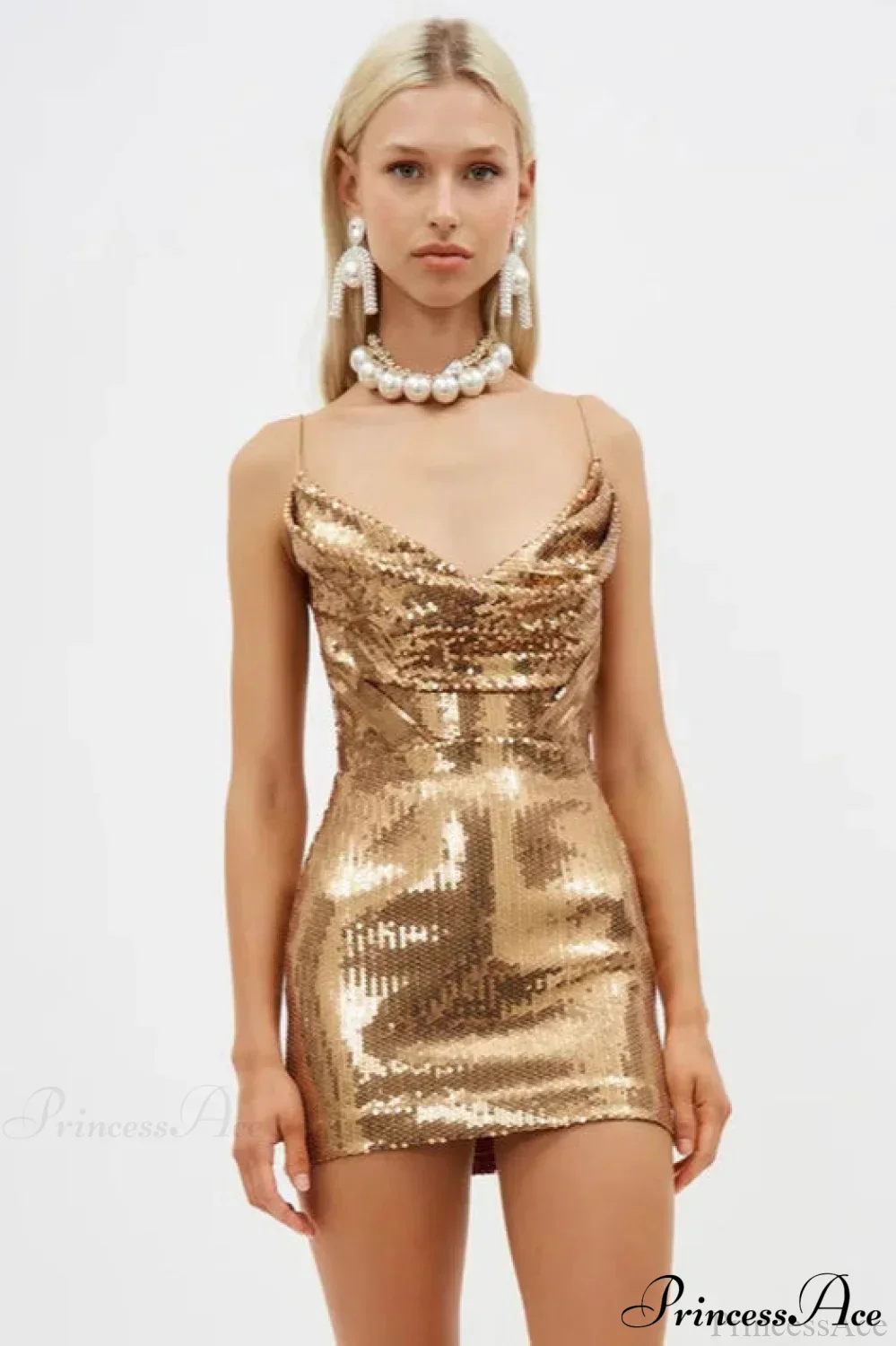 Gold Sequin V Neck Spaghetti Strap Party Dress - Image 3