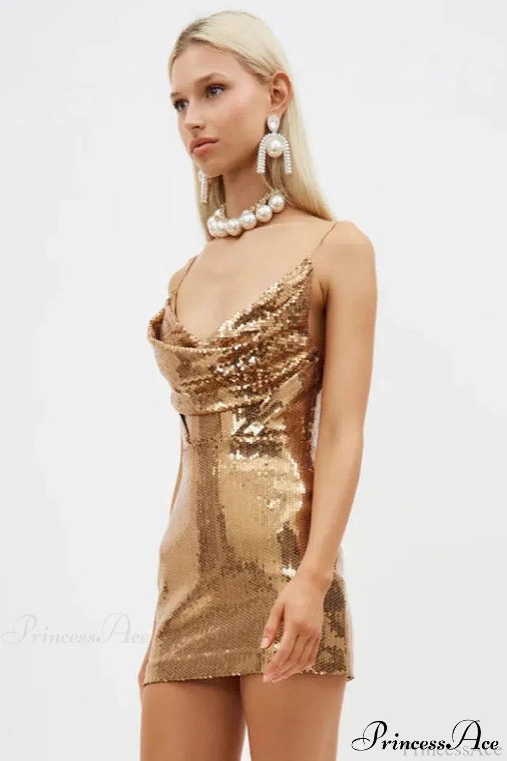 Gold Sequin V Neck Spaghetti Strap Party Dress - Image 4
