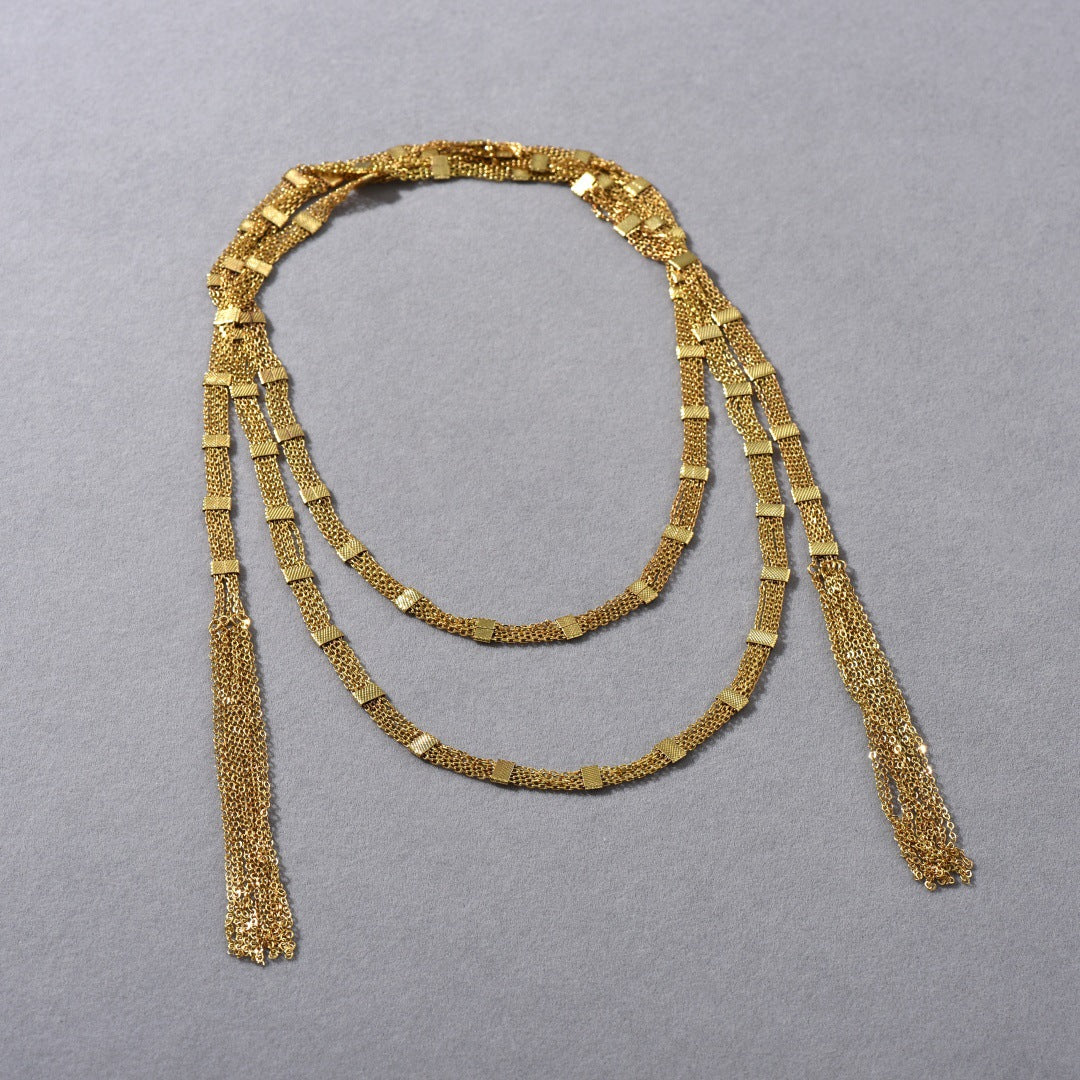 Gold Square Tassel Long Layered NeckLace - Image 4