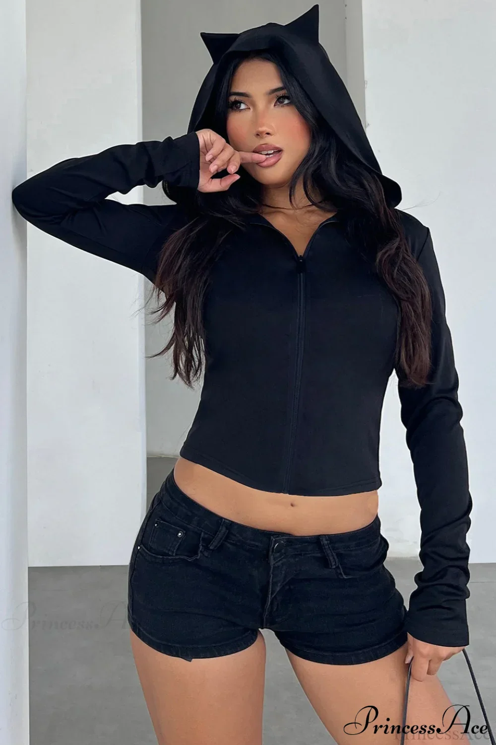 Goth Vibe Little Devil Y2K Slim Cropped Hoodie - Image 2