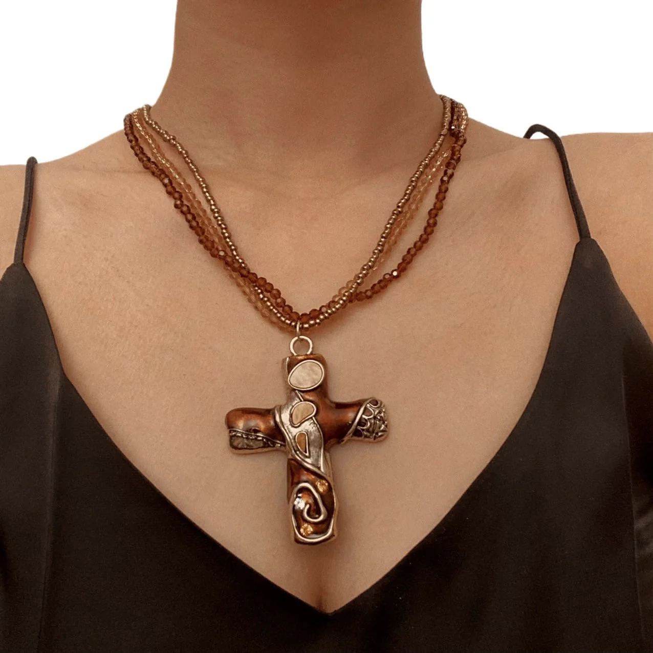 Gothic Cross Multi Layer Beaded NeckLace - Image 2