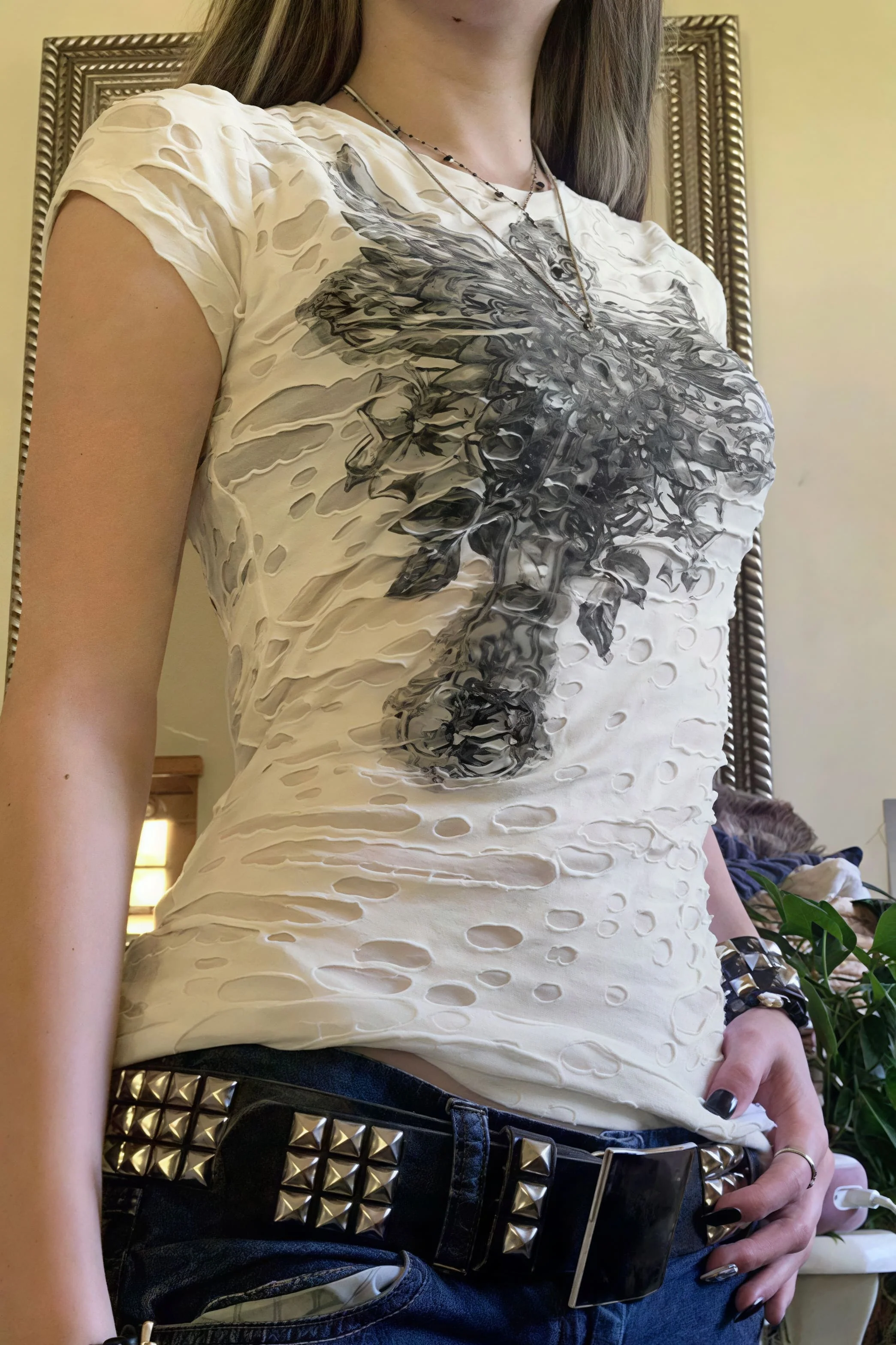 Gothic Dark Print Ripped Slim T-shirt - Image 2