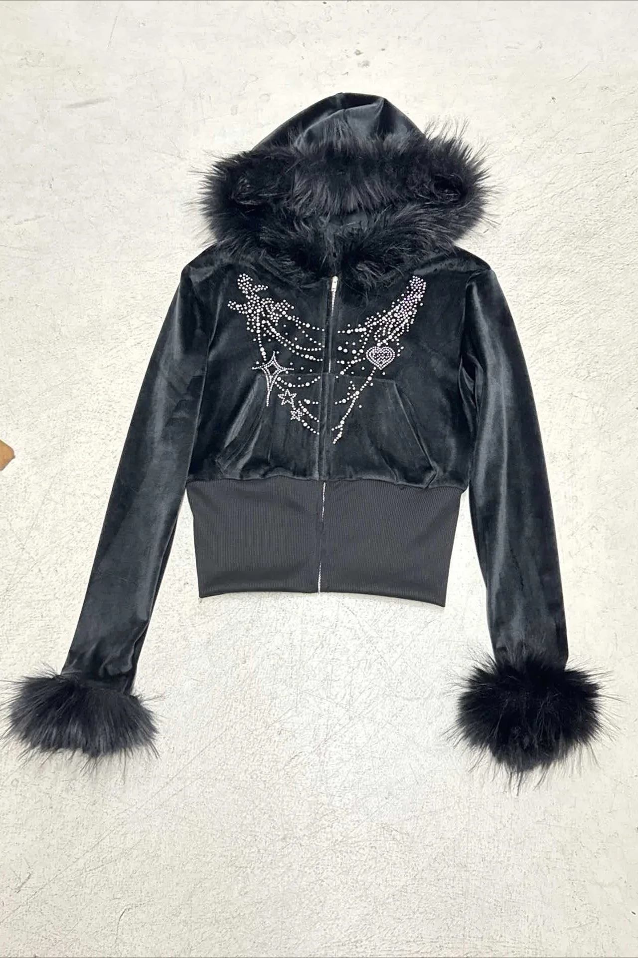 Gothic Rhinestone Fur Paneled Slim Hoodie - Image 5