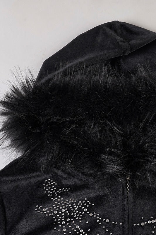 Gothic Rhinestone Fur Paneled Slim Hoodie - Image 6