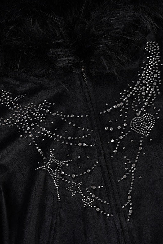 Gothic Rhinestone Fur Paneled Slim Hoodie - Image 7