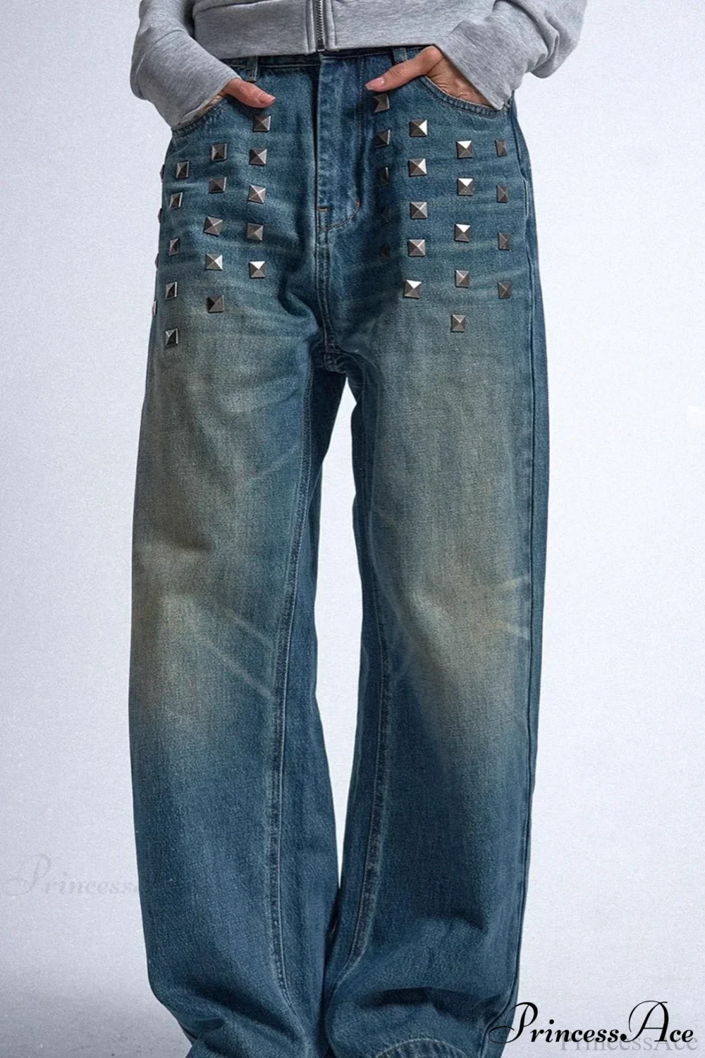 Gothic Streetwear Riveted Loose Jeans - Image 2