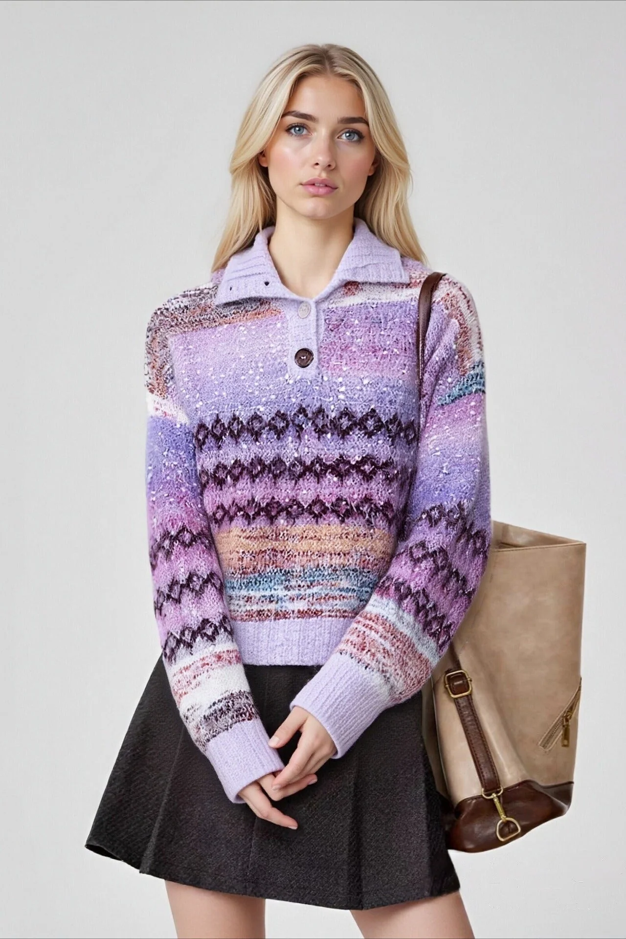 Gradient Fair Isle Jacquard Lurex Collared Loose Sweater - Image 2