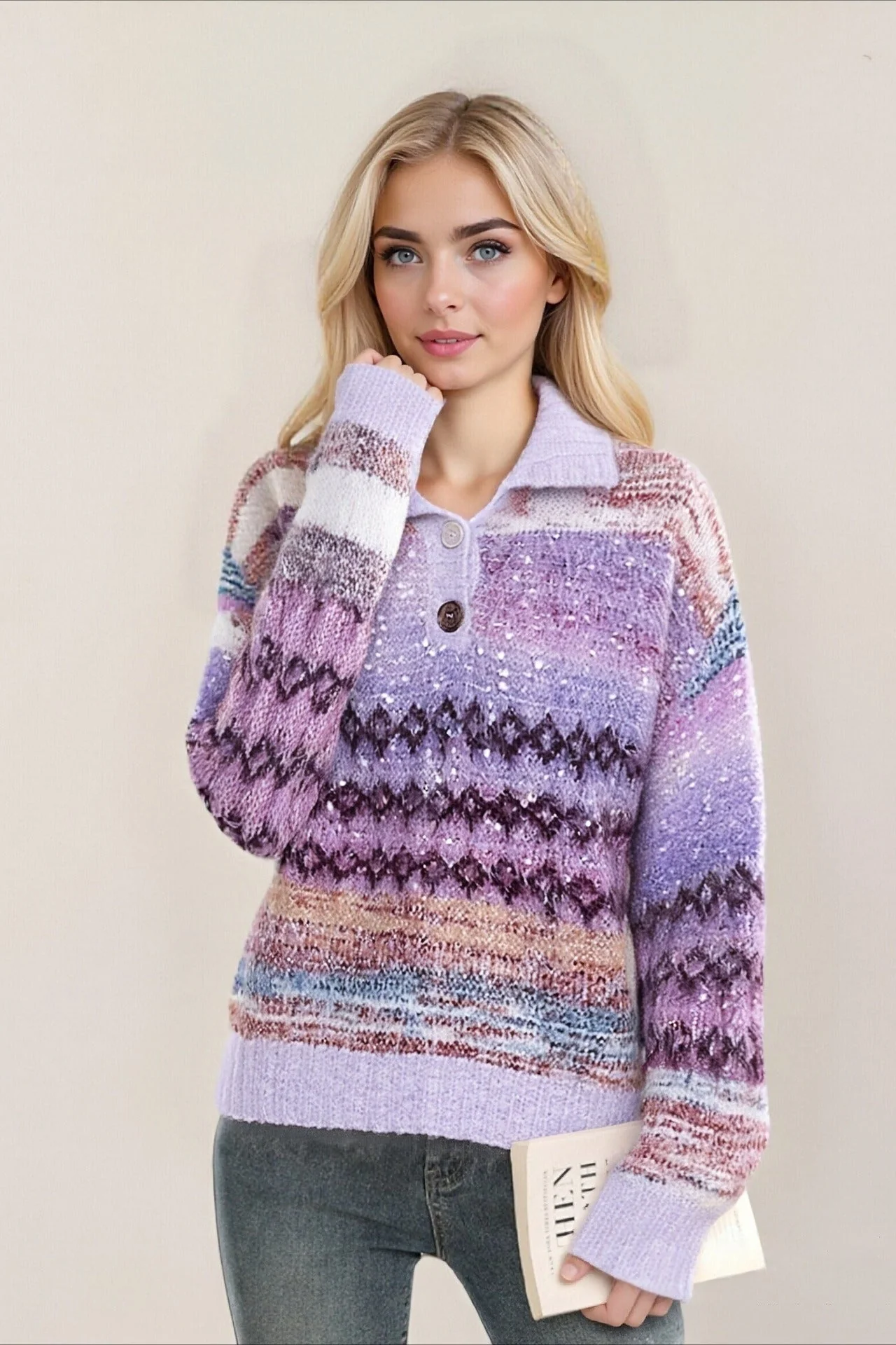 Gradient Fair Isle Jacquard Lurex Collared Loose Sweater - Image 3