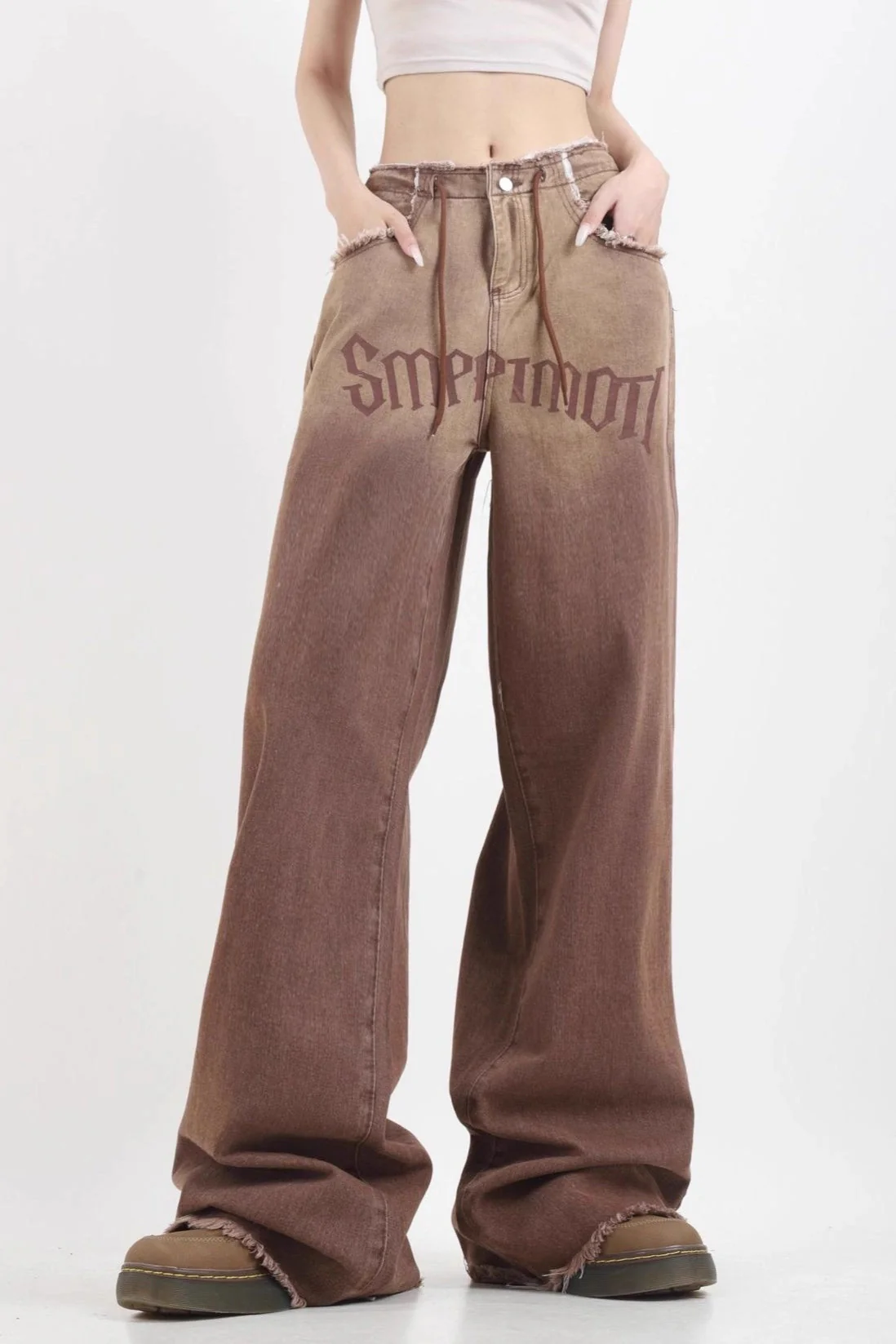 Gradient High Waist Vintage Wide Leg Frayed Jeans - Image 2