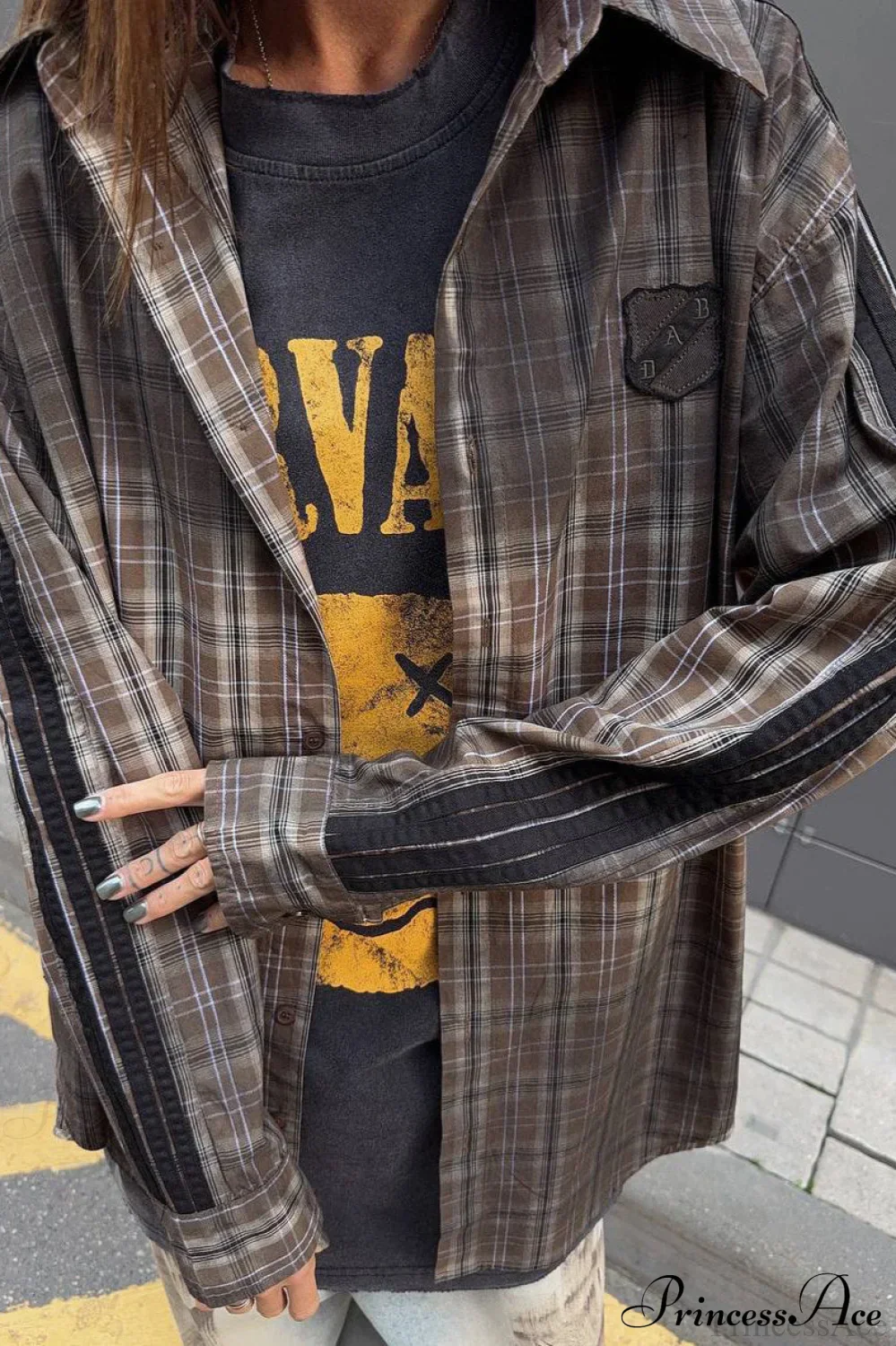 Gradient Plaid Patch Letter Loose Blouse - Image 2