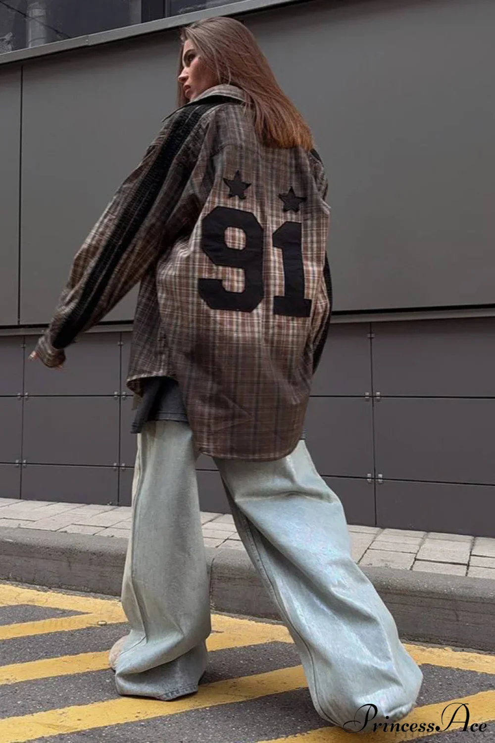 Gradient Plaid Patch Letter Loose Blouse - Image 3
