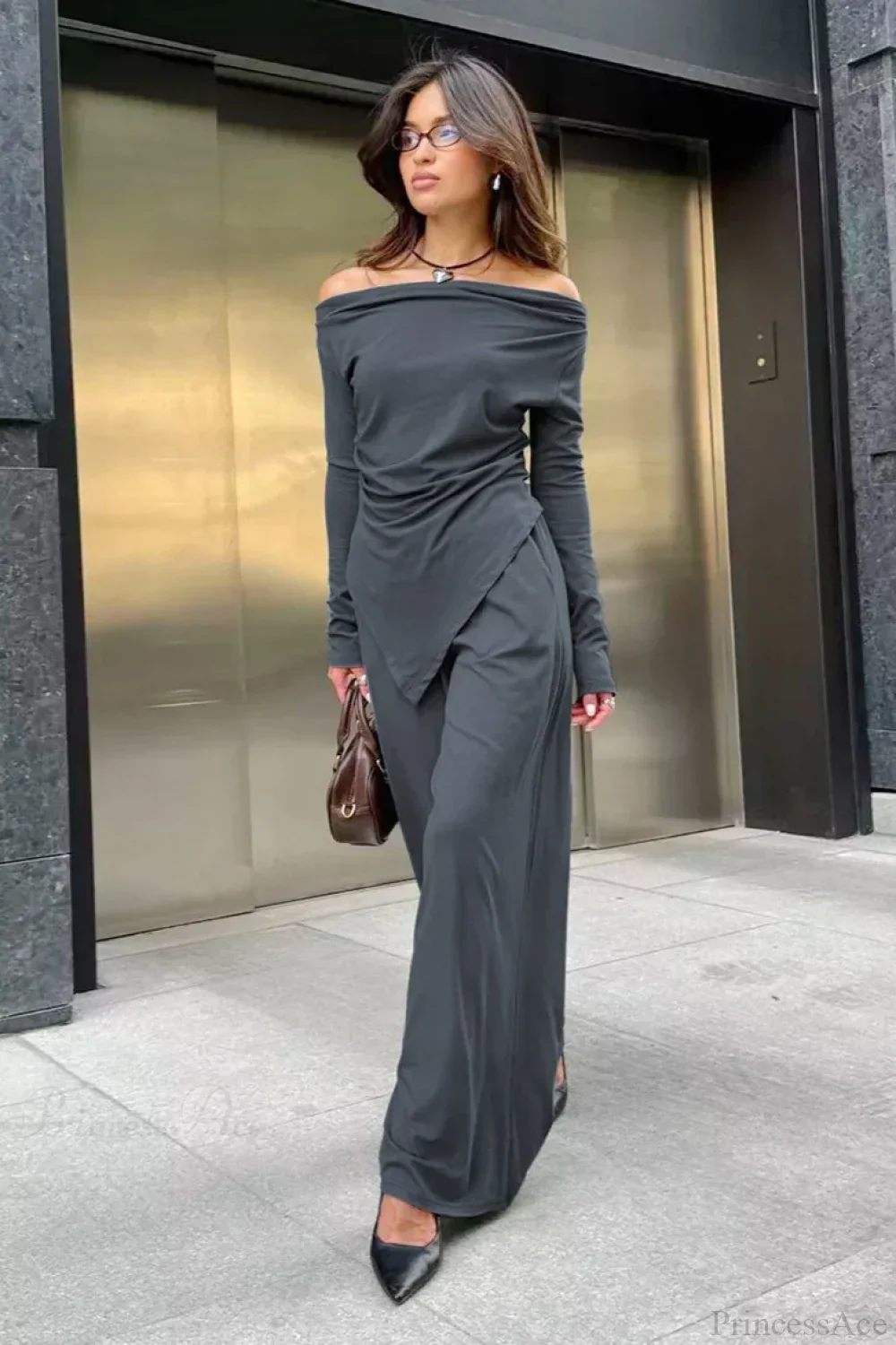 Gray Knit Off-the-Shoulder High Waist Wide Leg Two Piece Set - Image 2