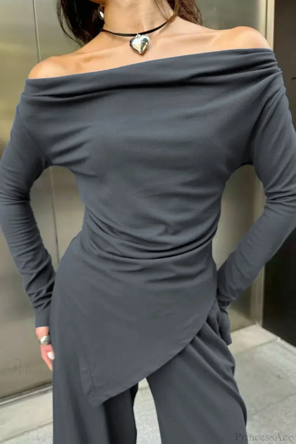 Gray Knit Off-the-Shoulder High Waist Wide Leg Two Piece Set - Image 4