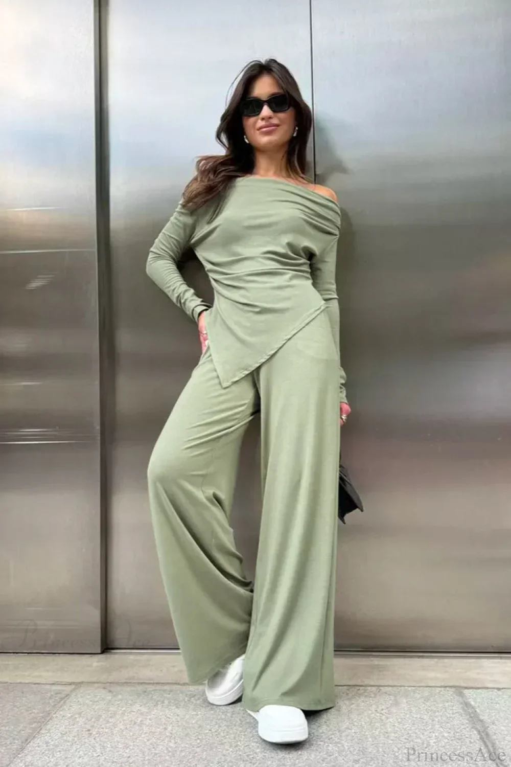 Gray Knit Off-the-Shoulder High Waist Wide Leg Two Piece Set - Image 6