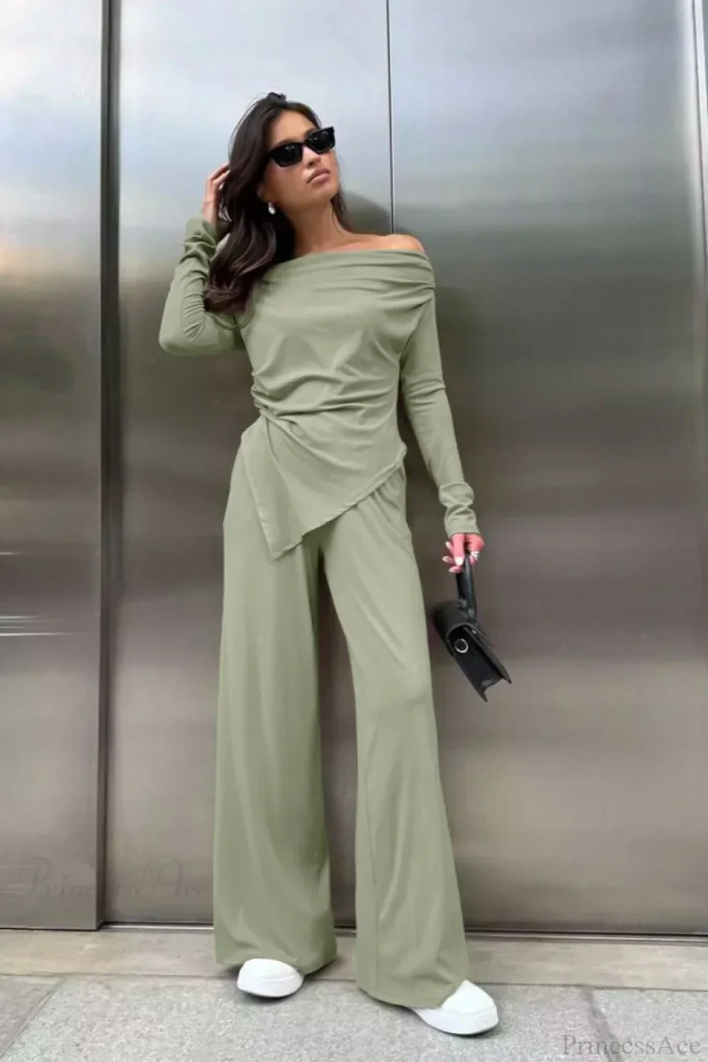 Gray Knit Off-the-Shoulder High Waist Wide Leg Two Piece Set - Image 7