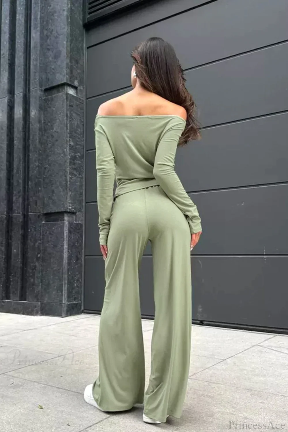 Gray Knit Off-the-Shoulder High Waist Wide Leg Two Piece Set - Image 8