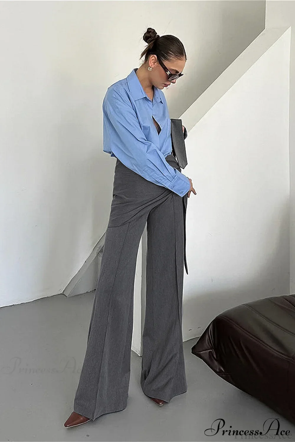 Gray Wide Leg High Waist Blazer Pants - Image 5