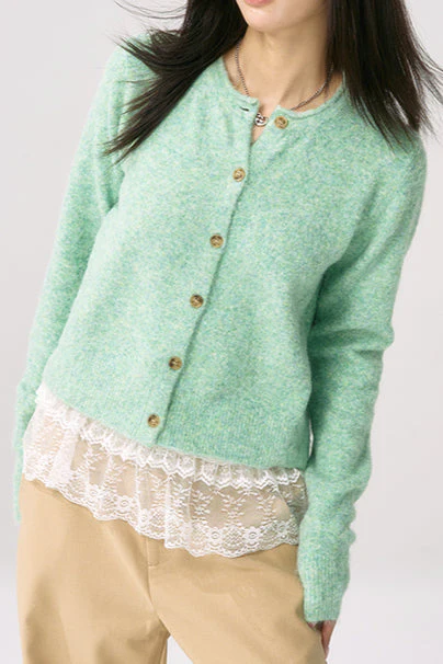 Green Knit Cuffed Solid Chic Cardigan - Image 3