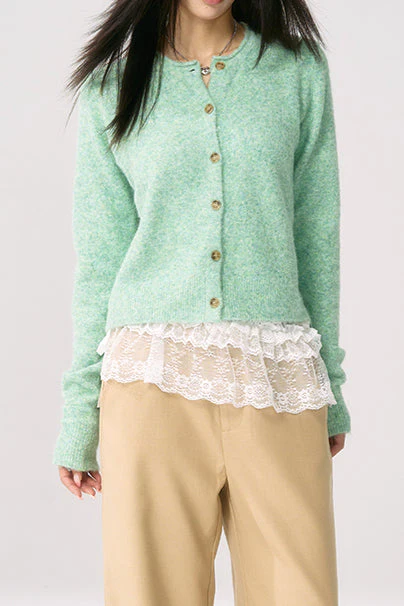 Green Knit Cuffed Solid Chic Cardigan - Image 4