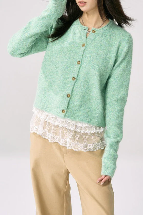 Green Knit Cuffed Solid Chic Cardigan - Image 5