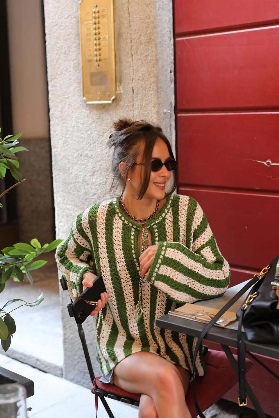 Green White Vertical Stripe Tie Waist Knit Sweater - Image 2