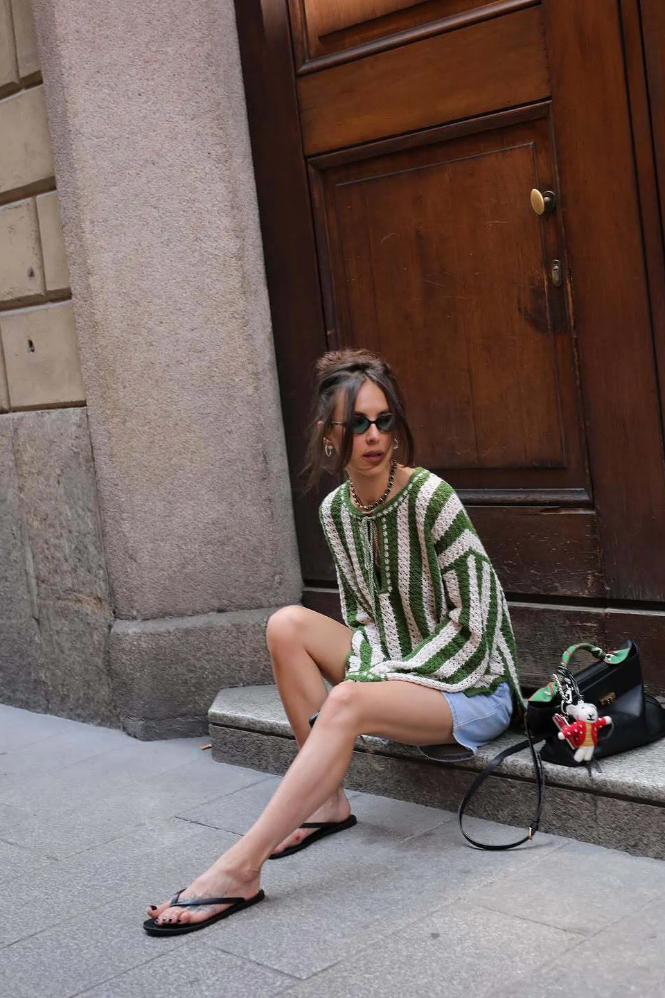 Green White Vertical Stripe Tie Waist Knit Sweater - Image 3