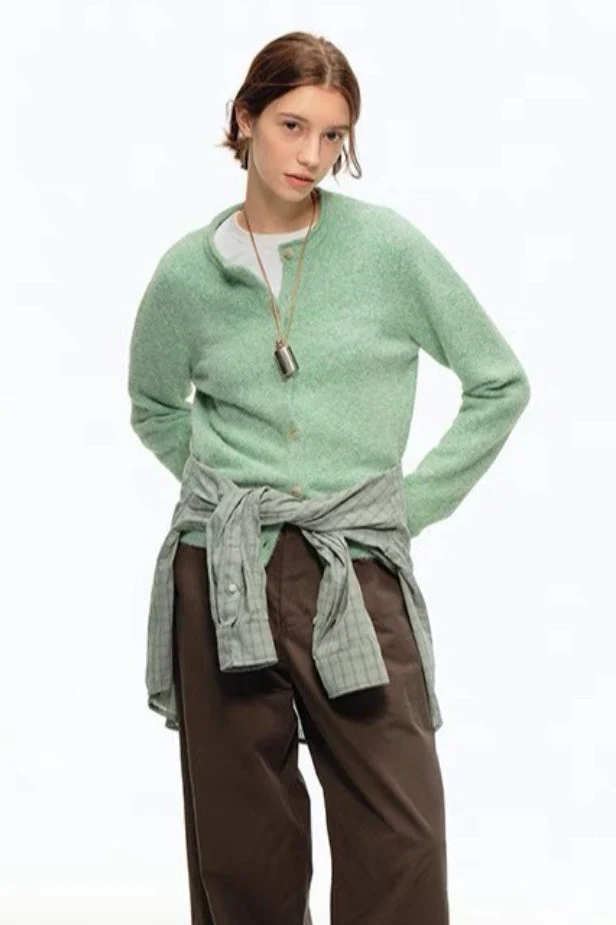 Green Wool Blend Crew Neck Knit Cardigan - Image 3