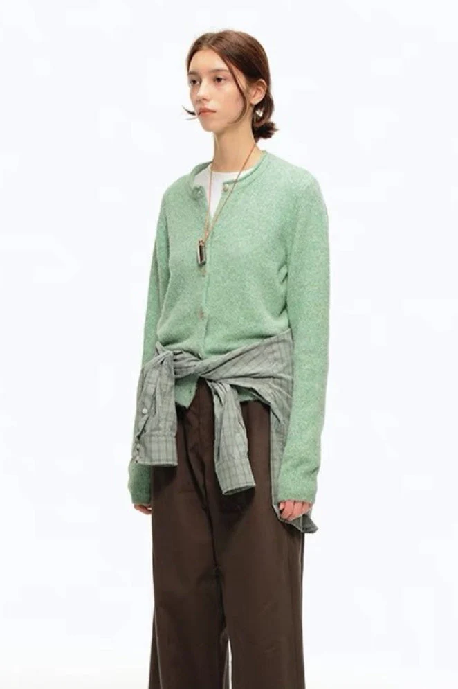 Green Wool Blend Crew Neck Knit Cardigan - Image 4