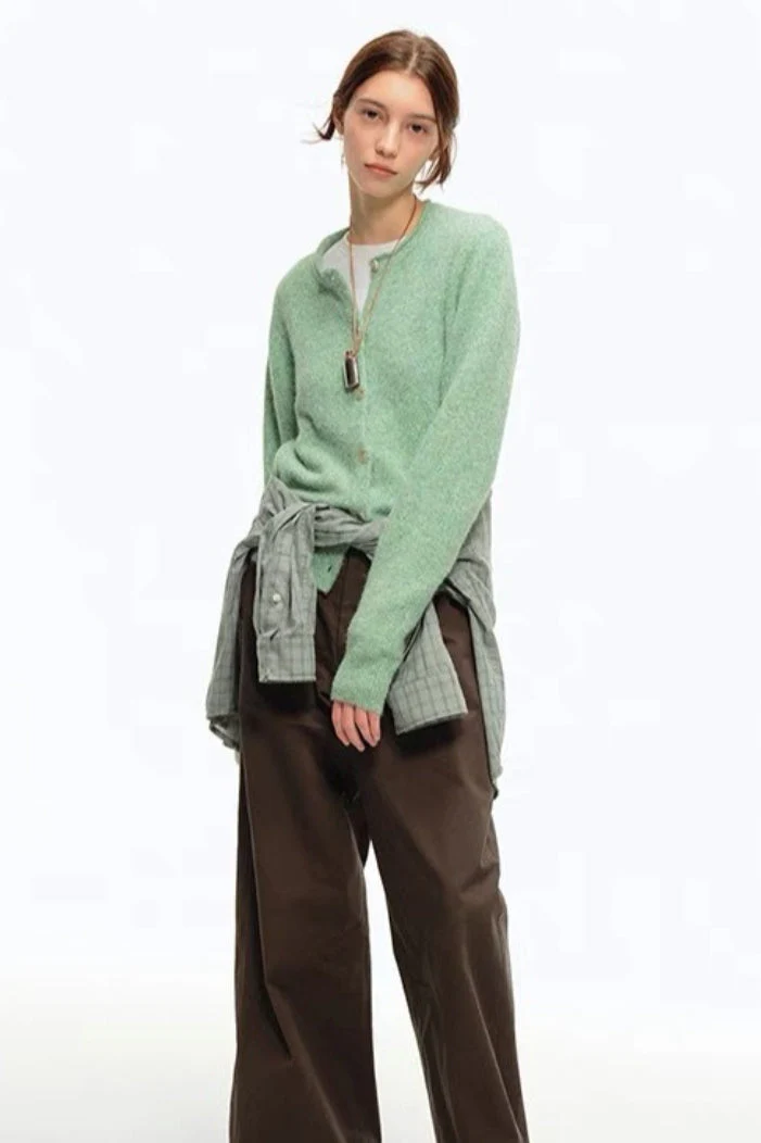Green Wool Blend Crew Neck Knit Cardigan - Image 5