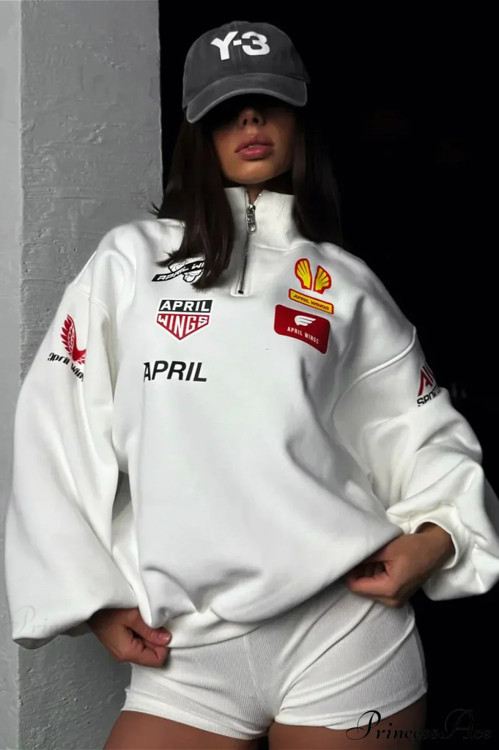 Half Zip Biker Print Stand Collar Loose Sweatshirt - Image 5