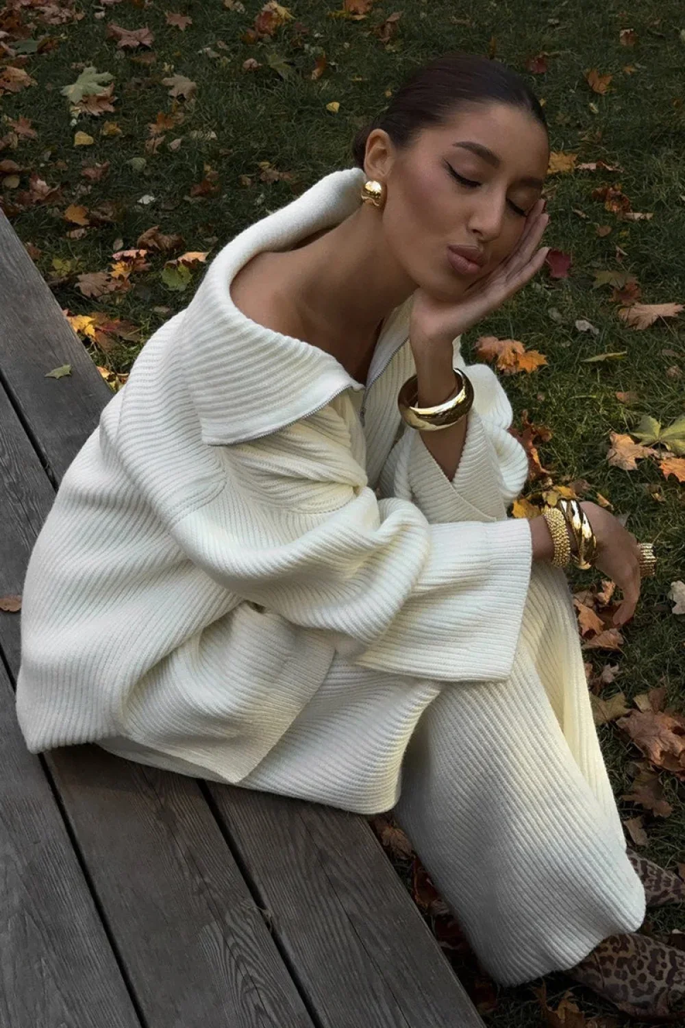 Half-Zip Knit Collared Long Sleeve Wide Leg Two Piece Set - Image 2