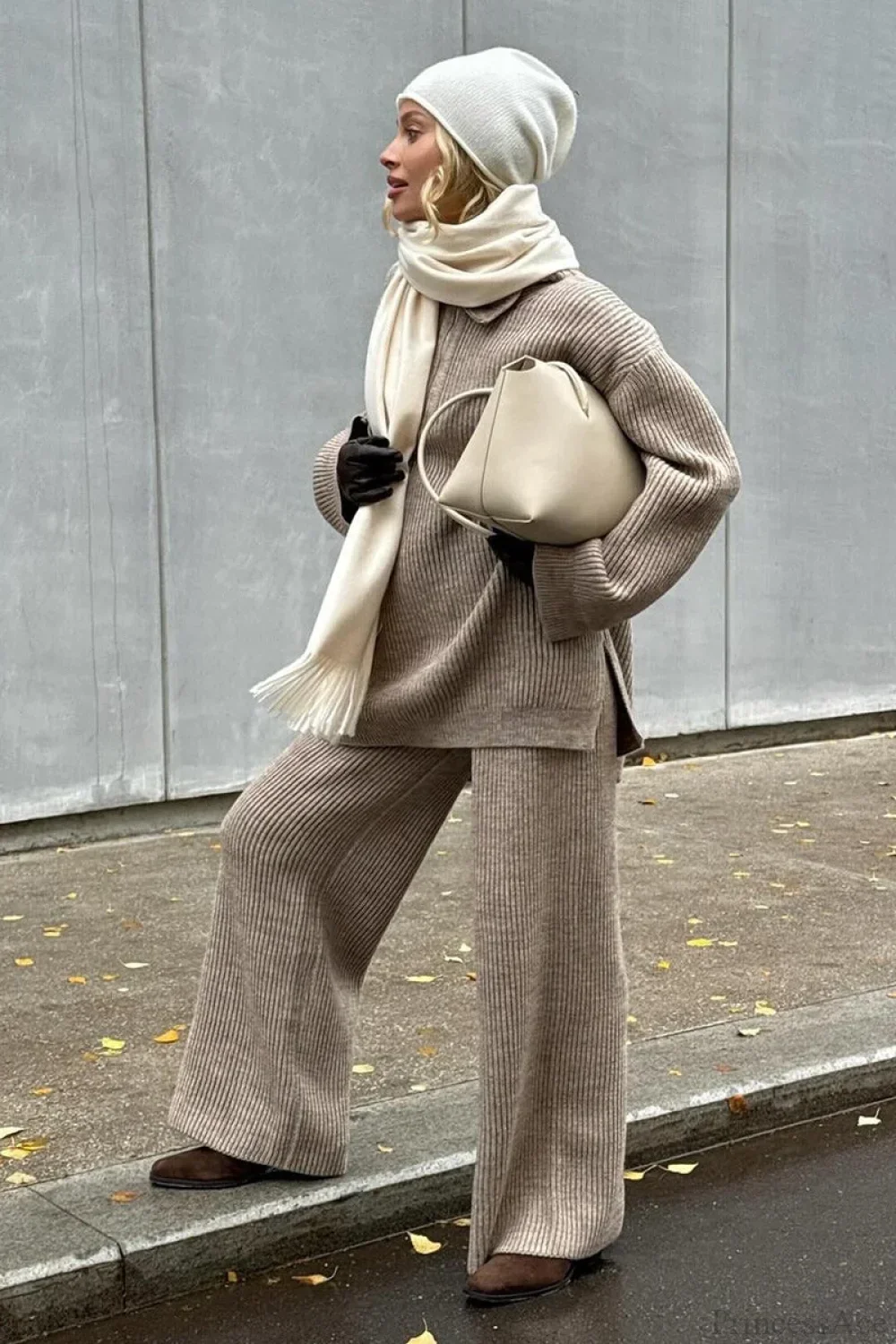 Half-Zip Knit Collared Long Sleeve Wide Leg Two Piece Set - Image 4
