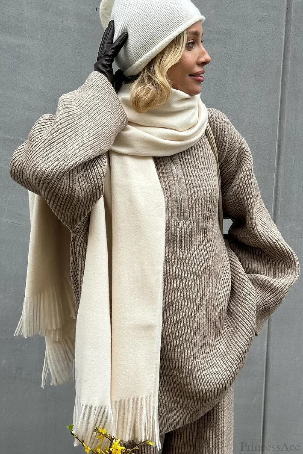 Half-Zip Knit Collared Long Sleeve Wide Leg Two Piece Set - Image 5