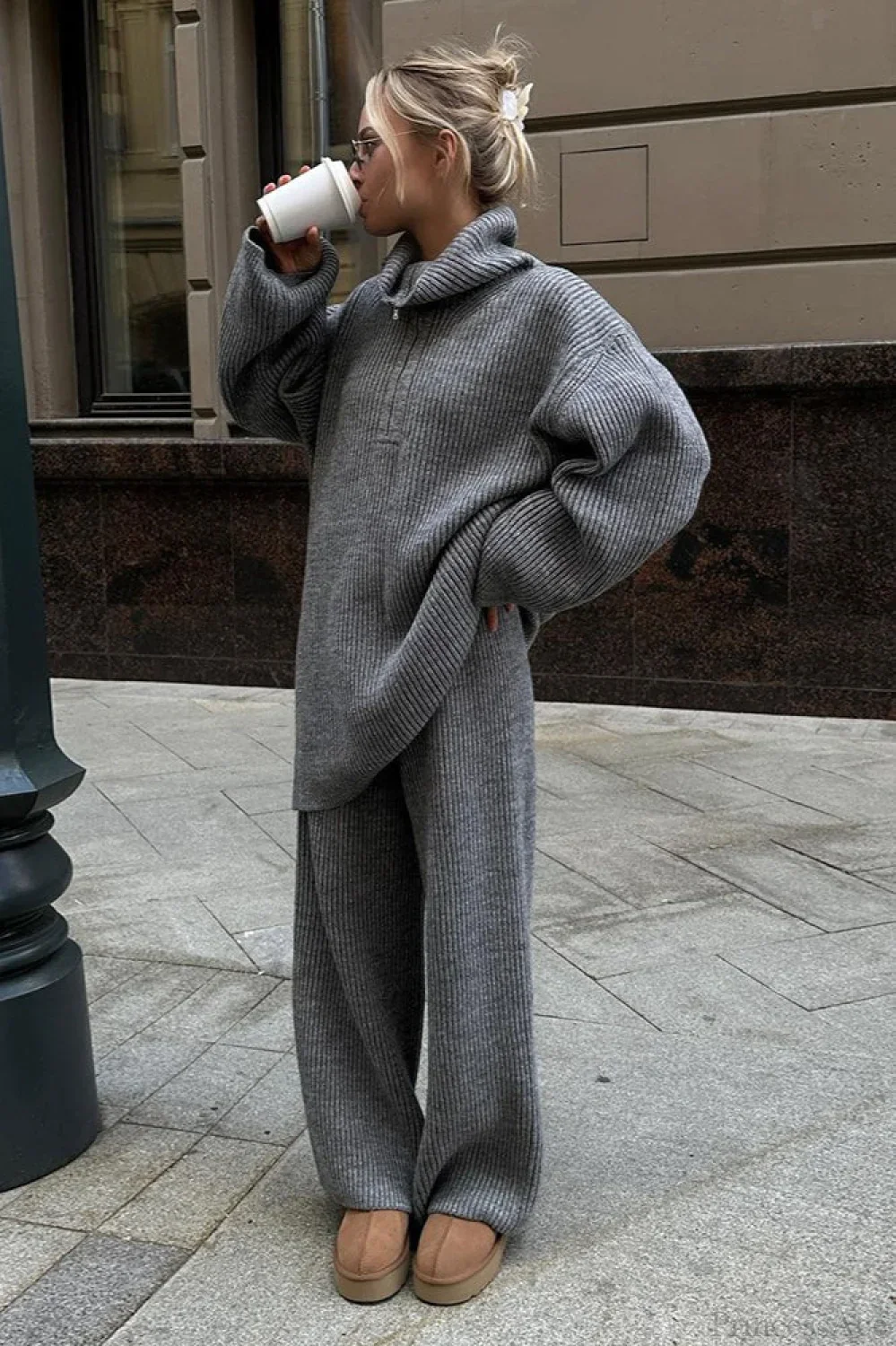 Half-Zip Knit Collared Long Sleeve Wide Leg Two Piece Set - Image 6